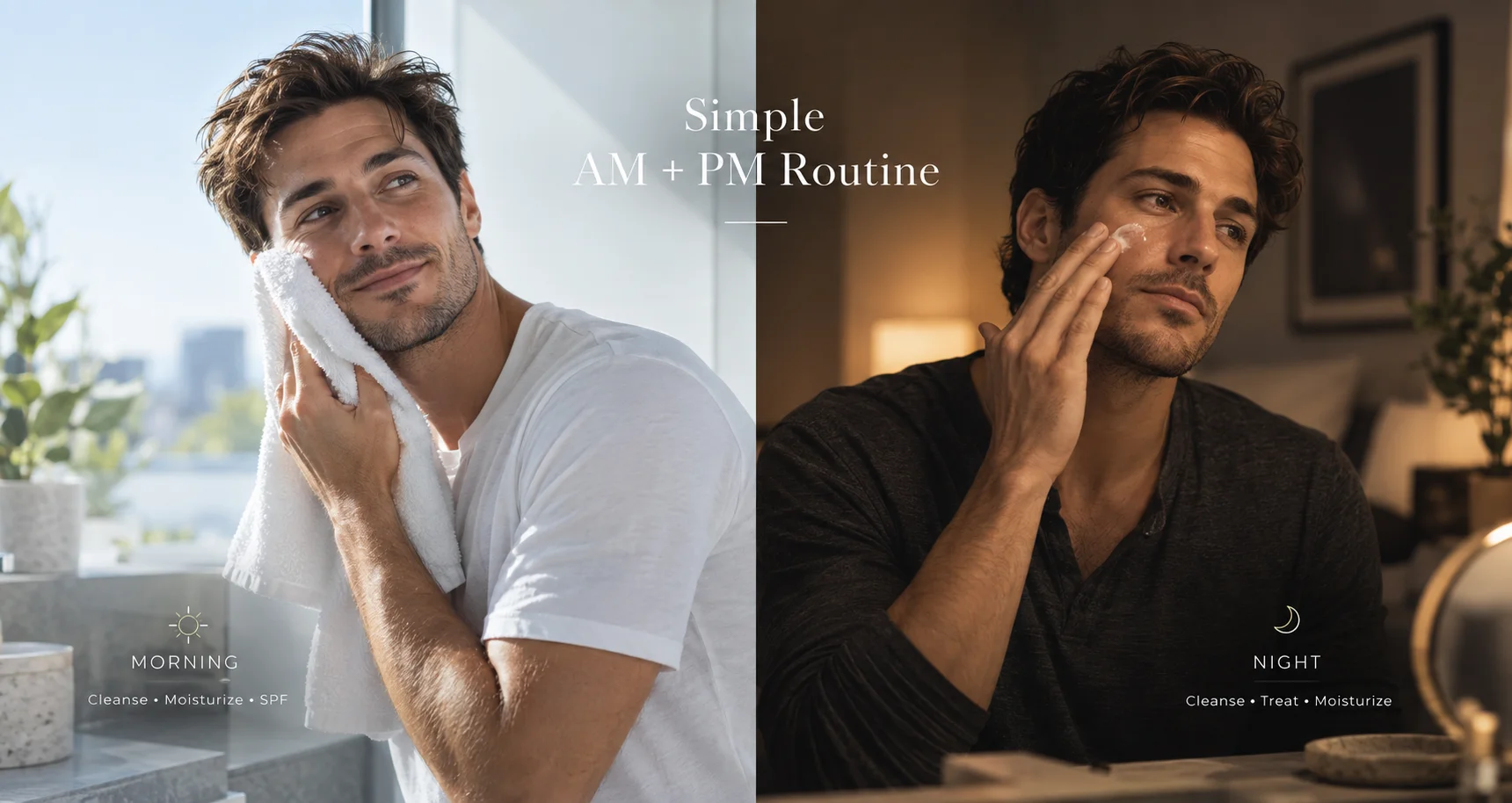 Split-screen image of a man practicing a skincare routine. On the left, he wipes his face with a towel in a bright morning setting. On the right, he applies cream to his cheek in a cozy nighttime setting.